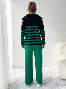 RueChic Jersey con patrón de rayas con cremallera cuarta con pantalones tejidos - Verde - Ver 2