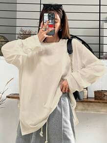DAZY Chất rắn Thả vai Viền chia cắt Áo thun - Màu be - Xem 1