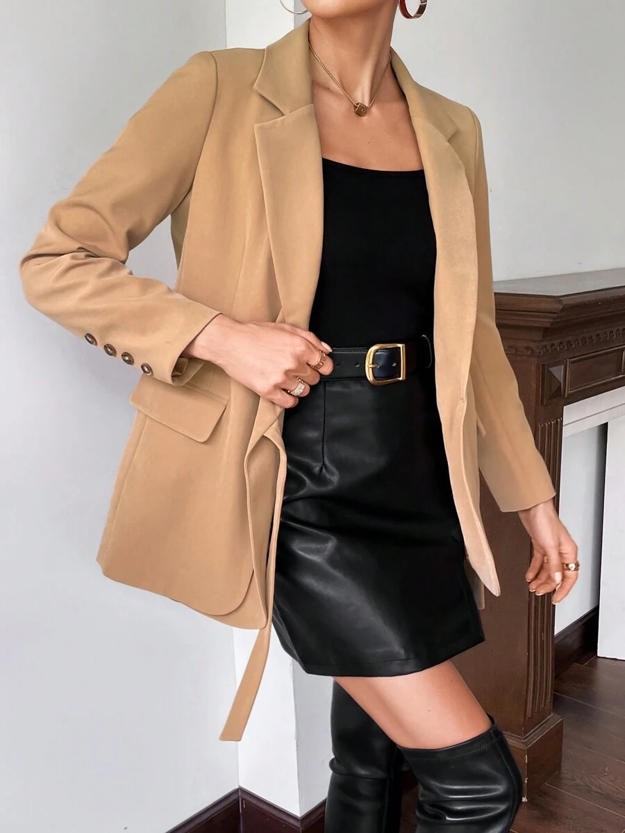 SHEIN Privé Lapel Neck Knot Side Wrap Blazer - Khaki - View 1