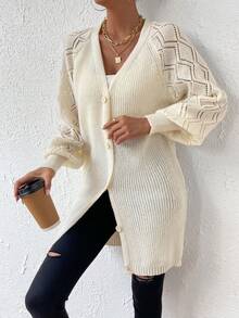 SHEIN Essnce Pointelle Knit Lantern Sleeve Button Front Cardigan - Beige - View 3