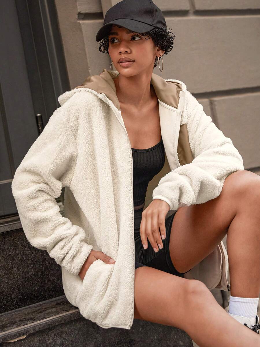 EURMUSE Zip Up Hooded Teddy Coat - Apricot - View 1