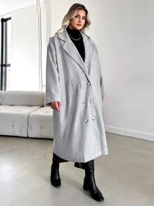 RueChic Plus Lapel Neck Double Breasted Overcoat - Light Grey - View 4