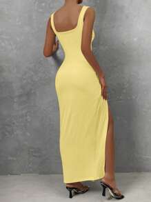 Chiquease Cut Out Twist Front Split Thigh Dress Maxi Women Outfit - Yellow - View 2