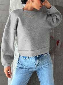 SHEIN Cottnline Solid Drop Shoulder Thermal Lined Sweatshirt - Grey - View 3