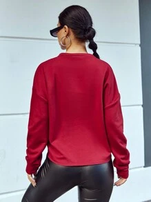 SHEIN Cottnline Solid Knot Hem Drop Shoulder Sweatshirt - Red - View 2