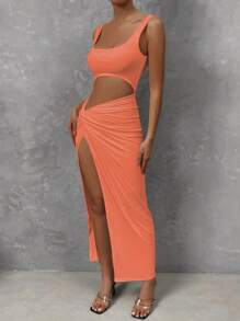 Femesol Cắt ra Mặt trước xoắn Tách đùi Đầm - Màu Hồng  San hô - Xem 5