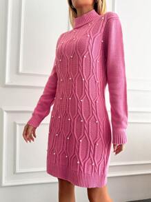 EURMUSE Mock Neck Pearls Beaded Cable Knit Sweater Dress - Pink - View 3