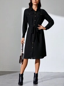 SHEIN Tall Flap Pocket Belted Shirt Dress - Black - View 1
