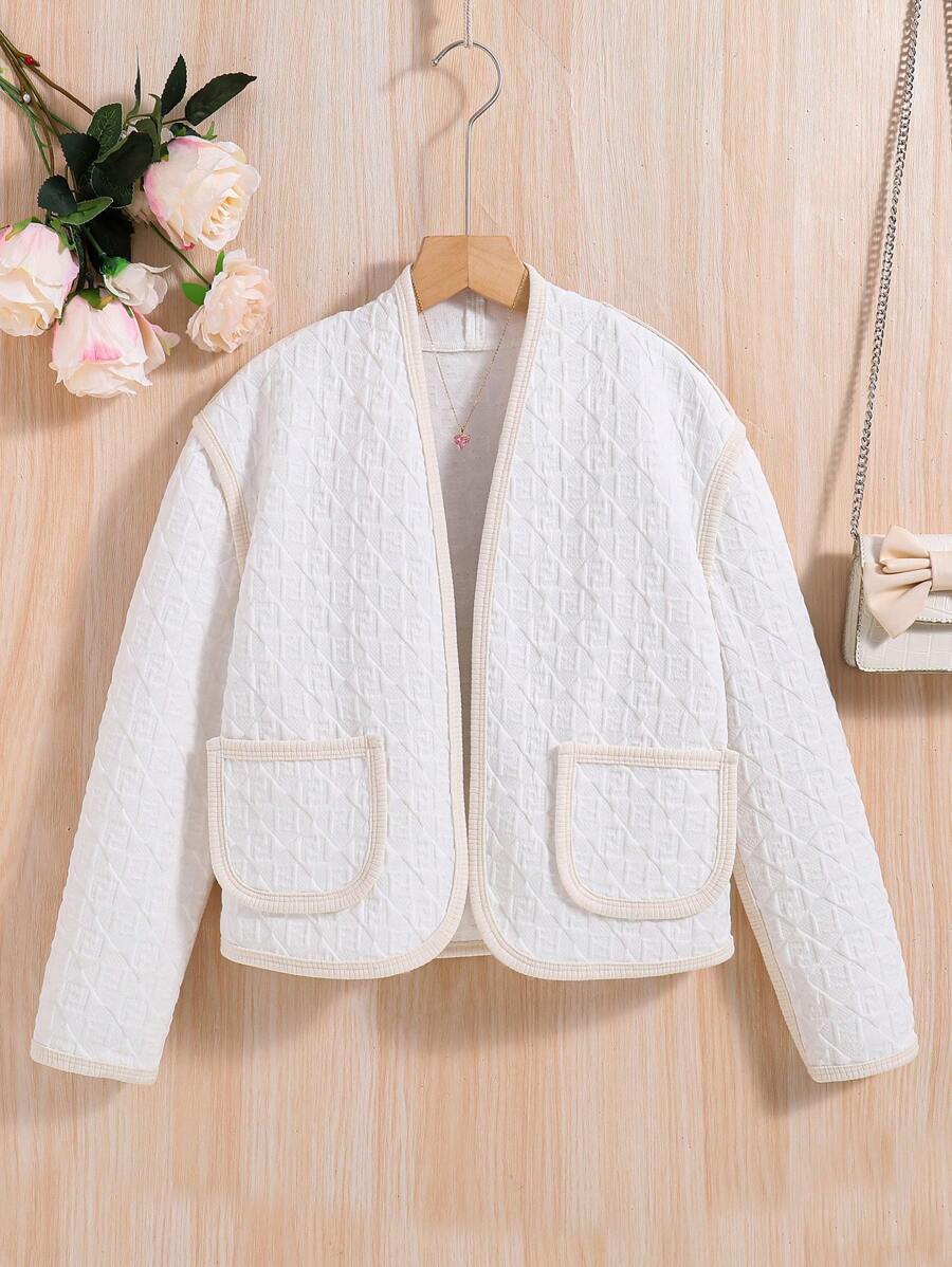 SHEIN Tween Girl Contrast Binding Dual Pocket Open Front Coat - White - View 1