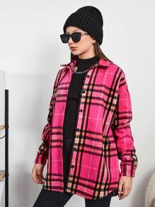 RueChic Teen Girl Plaid Print Drop Shoulder Coat - Hot Pink - View 5