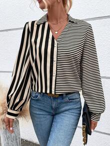 Chiquease 條紋印花前紐扣襯衫 - 杏色 - 查看 5