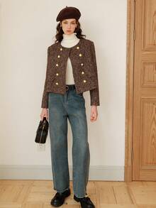 雙排釦花呢外套 - 棕色 - 查看 4