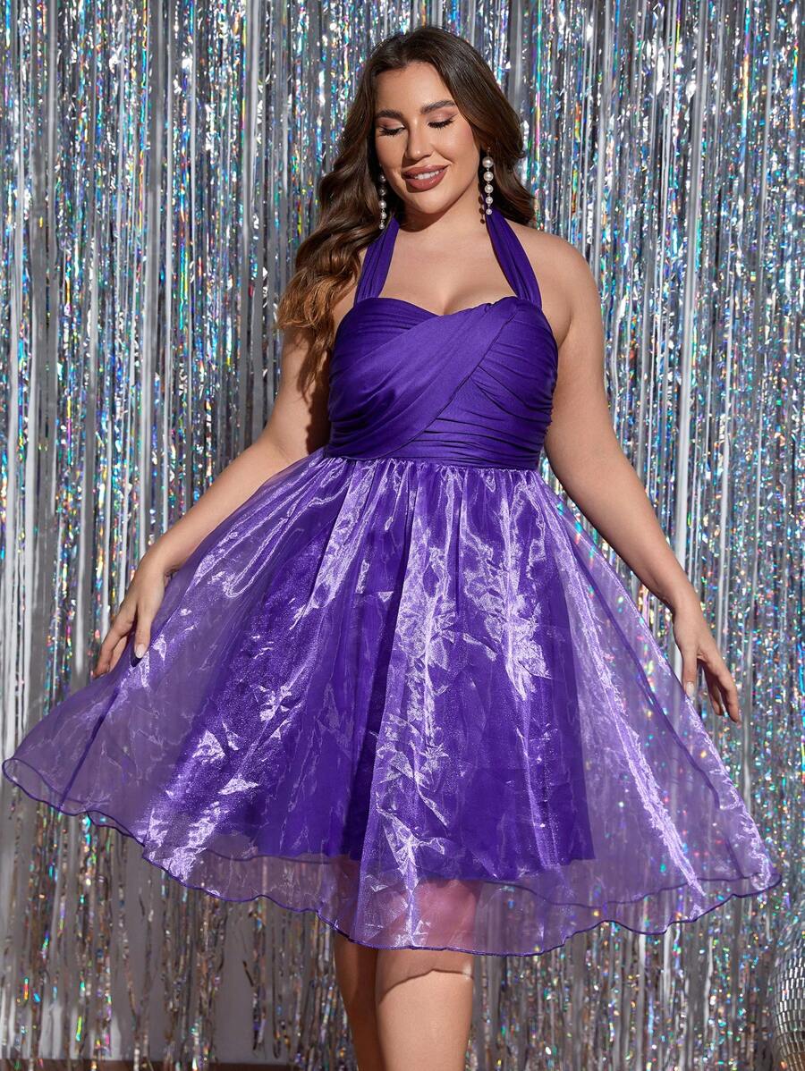 SHEIN BAE Plus Halter Neck Backless Organza Flare Hem Dress - Purple - View 1