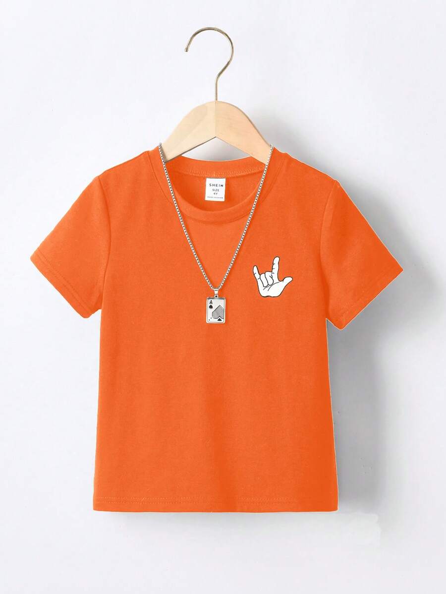 SHEIN Young Boy Gesture Print Tee Without Necklace - Orange - View 1