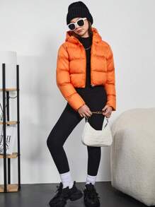 RueChic Teen Girl Zip Up Hooded Puffer Coat - Orange - View 5