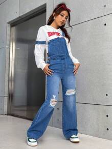 SHEIN EZwear Ripped Pocket Front Denim Overalls Without Tee - Blue - View 1