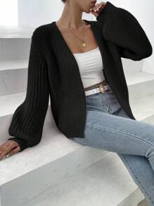 SHEIN LUNE Ribbed Knit Drop Shoulder Duster Cardigan,Long Sleeve Tops Fall Winter Cloth For Women - Black - View 3