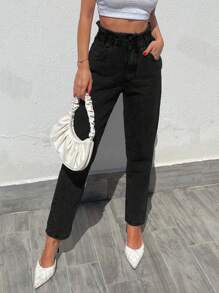 EURMUSE Paperbag Waist Mom Fit Jeans - Black - View 3