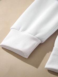 SHEIN EZwear Plus Size Floral & Slogan Graphic Drawstring Thermal Lined Sweatshirt - White - View 4