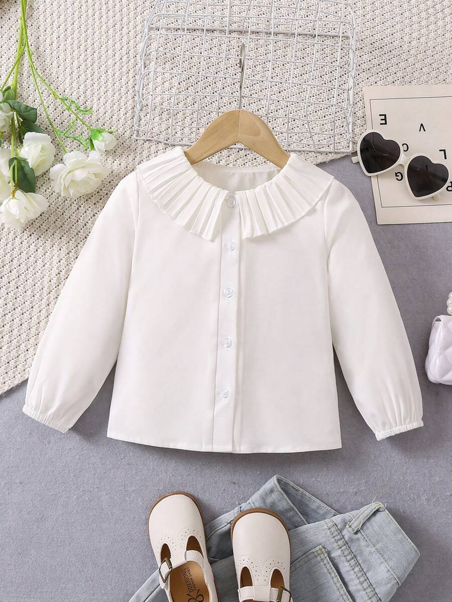 SHEIN Cô Gái Trẻ Cổ áo rộng Nút phía trước Áo sơ mi - trắng - Xem 1