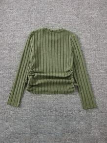 SHEIN Tween Girl Áo thun cổ tròn cổ tròn dài tay có nếp gấp bên hông - màu xanh lá - Xem 2