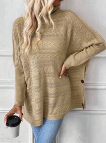 SHEIN LUNE 高領蝙蝠袖紐扣細節麻花編織斗篷 - 卡其色 - 查看 3