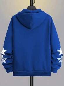 Manfinity Homme 男士口號和老鷹圖形拉鍊保暖連帽毛衣 - 寶藍色 - 查看 2