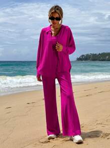SHEIN Women's Solid Color Casual 3pcs/Set - Hot Pink - View 1
