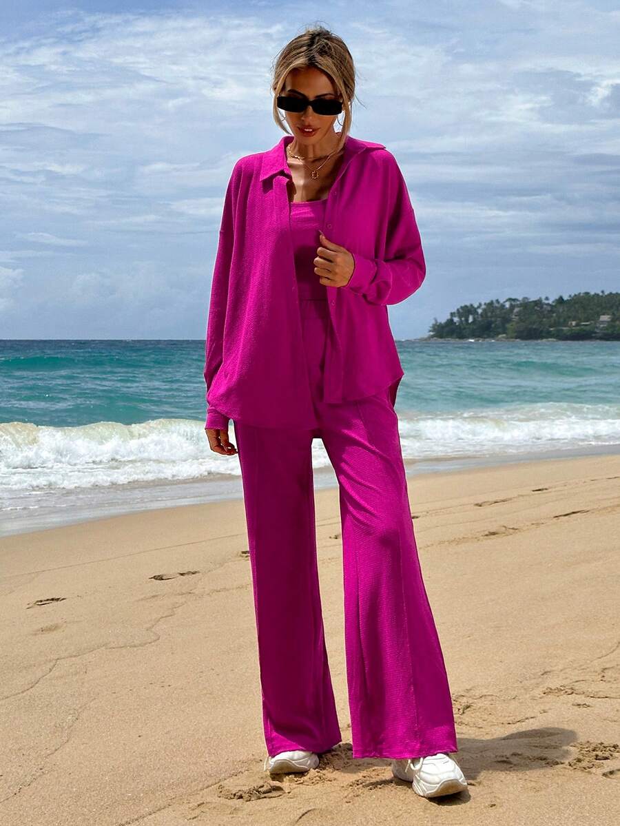 SHEIN Women's Solid Color Casual 3pcs/Set - Hot Pink - View 1