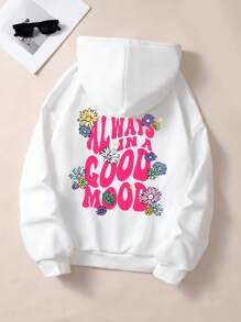 SHEIN EZwear Plus Size Floral & Slogan Graphic Drawstring Thermal Lined Sweatshirt - White - View 1