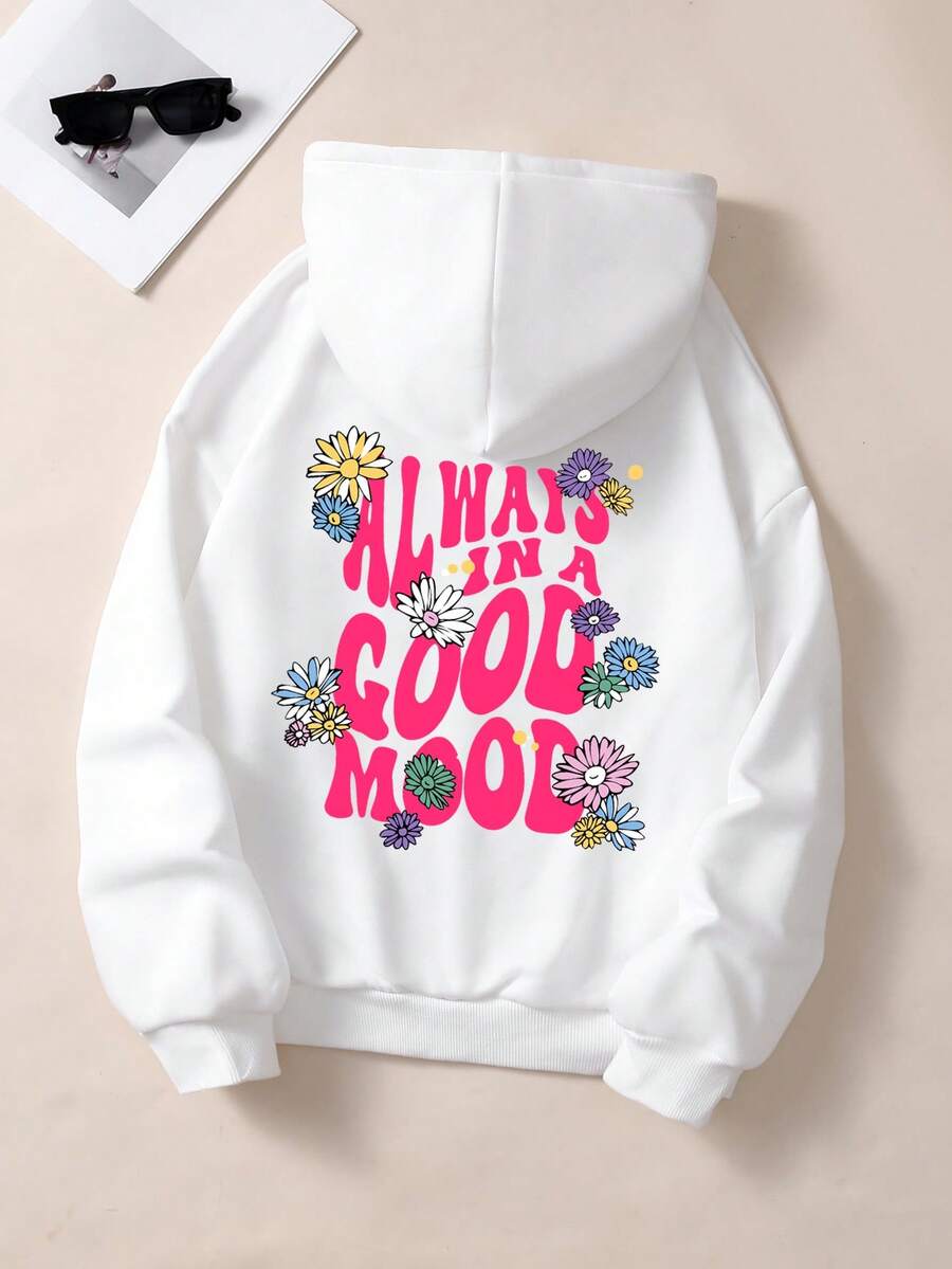 SHEIN EZwear Plus Size Floral & Slogan Graphic Drawstring Thermal Lined Sweatshirt - White - View 1