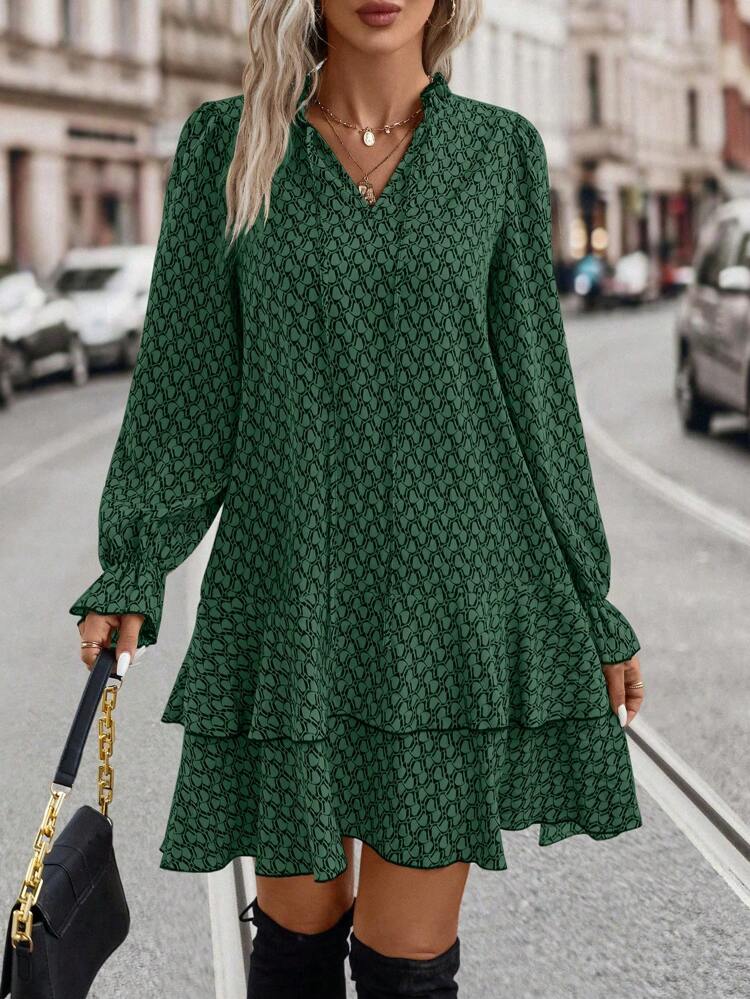 Allover Print Flare Sleeve Ruffle Hem Smock Dress Fall Cloth For Women