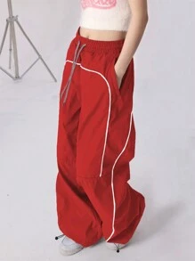 Women Pants Kolor Kantong Contrast Binding Plain Casual - Merah - View 4