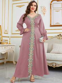 Plus Size Arabian Dress V Neck Long Sleeve Appliques Ruffle Split Long Regular Hem Fabric Non-Stretch Plus Size Arabian Maxi Dress - Dusty Pink - View 1
