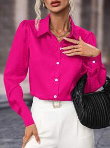 SHEIN Clasi 素色前紐扣襯衫 - 玫紅色 - 查看 5