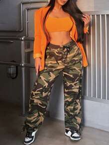 Camo Print Flap Pocket Side Drawstring Waist Cargo Pants - Army Green - View 5