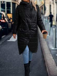 SHEIN LUNE 加扣前部不对称下摆加厚棉服外套衣服冬季 - 黑色 - 查看 4