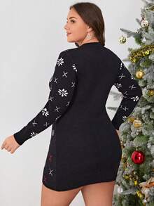 SHEIN LUNE Plus Christmas Elk & Slogan Pattern Sweater Dress In Fall/Winter - Black - View 2