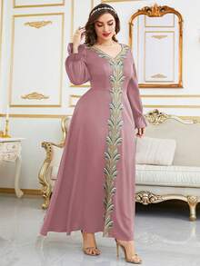 Plus Size Arabian Dress V Neck Long Sleeve Appliques Ruffle Split Long Regular Hem Fabric Non-Stretch Plus Size Arabian Maxi Dress - Dusty Pink - View 4
