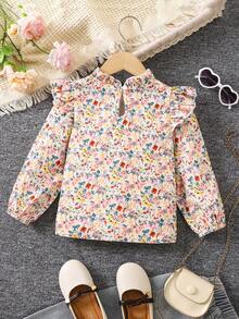 SHEIN Young Girl Ditsy Floral Print Ruffle Trim Mock Neck Lantern Sleeve Blouse - Multicolor - View 2