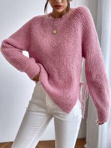 SHEIN Frenchy Raglan Sleeve Knot Side Split Hem Sweater - Pink - View 4