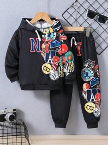 SHEIN 男小童卡通和字母圖案連帽衫和運動褲 - 黑色 - 查看 1