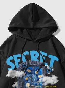 ROMWE MEN Street Life Guys Slogan & Skull Graphic Drawstring Hoodie - Black - View 6