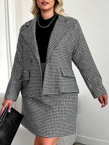 SHEIN Cottnline Plus Houndstooth Print Double Button Blazer & Skirt - Black and White - View 5
