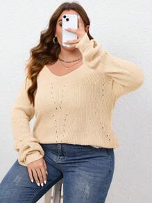 SHEIN Essnce Hơn Lưới Đồ đan Ribbed Áo len - Màu be - Xem 4