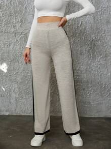 EURMUSE Contrast Side Seam Knit Pants - Beige - View 1