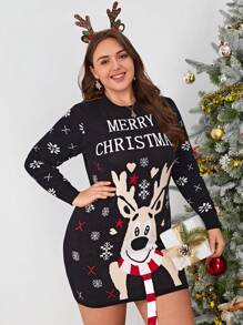 SHEIN LUNE Plus Christmas Elk & Slogan Pattern Sweater Dress In Fall/Winter - Black - View 1