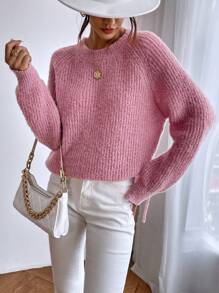 SHEIN Frenchy Raglan Sleeve Knot Side Split Hem Sweater - Pink - View 6