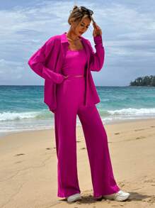 SHEIN Women's Solid Color Casual 3pcs/Set - Hot Pink - View 2