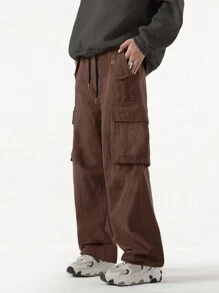 ROMWE MEN Street Life Men Flap Pocket Side Drawstring Waist Cargo Baggy Pants - Coffee Brown - View 1